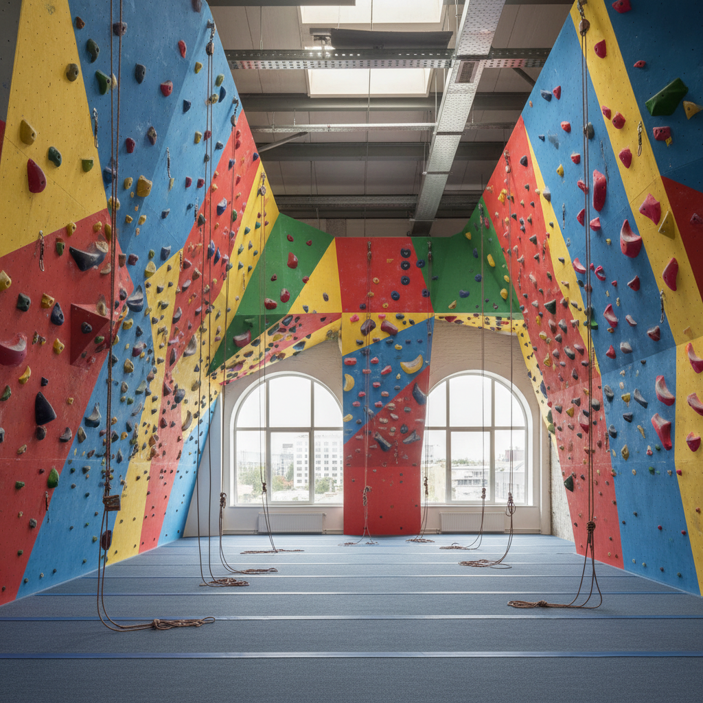 Blick in eine helle Kletterhalle mit bunten Kletterwänden und ausgelegten blauen Fallschutzmatten am Boden.